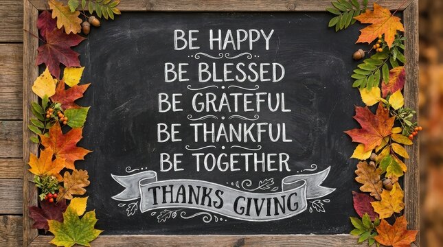Thanksgiving Day Thanksgiving greeting card with autumn leaves and chalkboard background