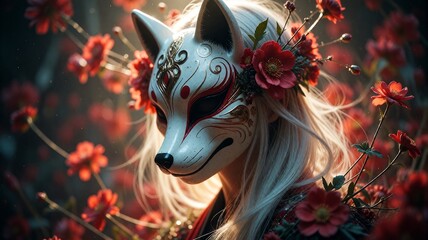Naklejka premium White-masked fox surrounded by red flowers in a soft, artistic scene