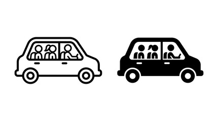 Fototapeta premium Car vehicle with passengers and driver icon set in outline and solid ride sharing automobile transport transportation passenger monochrome isolated minimalist
