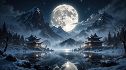 Fototapeta premium Winter wonderland with moonlit pagodas, misty lake, and starry sky