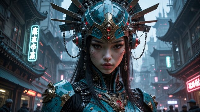 Warrior woman with elaborate headgear and armor