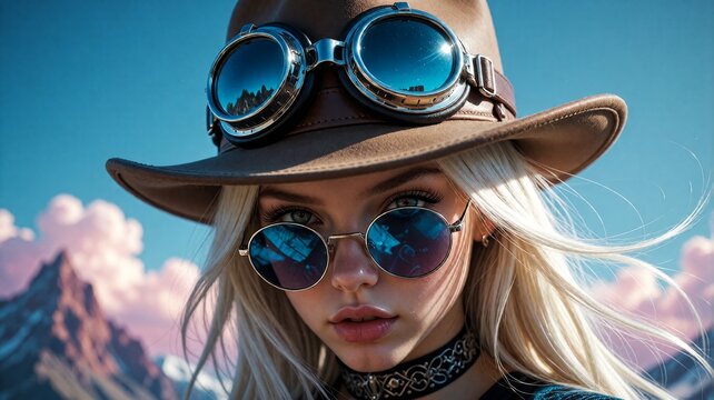 Woman in vintage aviator gear stands against mountain backdrop