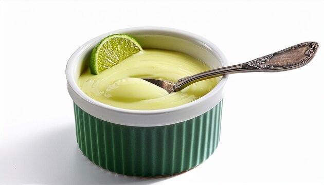 Mousse Au Citron Vert Maison Dans Un Ramequin Avec Une Cuillere En Gros Plan Isolee Sur Fond Blanc