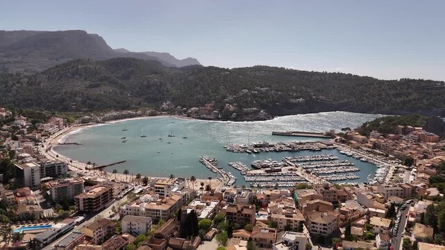 Port of Soller in Mallorca, Balearic Islands, 4k 30fps aerial images, 1 inch sensor drone