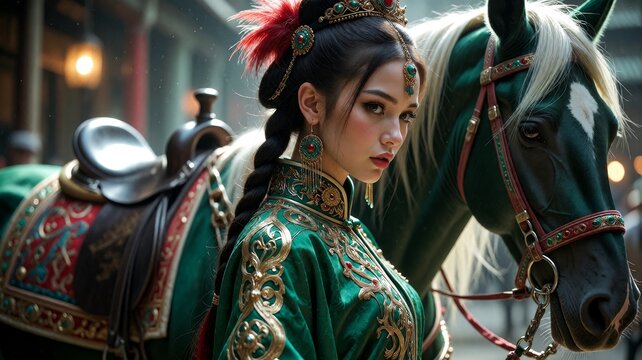 Woman in vibrant green costume beside a horse with white mane
