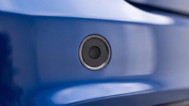 A close up detail of a circular parking sensor integrated into the glossy blue painted ad social media download thambnail poster web template event festival 2026 2027 2028