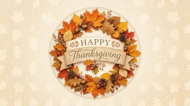 Thanksgiving Day Vibrant autumn wreath with Happy Thanksgiving banner for seasonal greeting card design