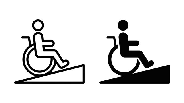 Wheelchair ramp access icon set in outline and solid black styles for accessible design and universal navigation signage with wheelchair accessibility disabled disability