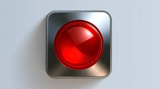 red fire alarm button with a glass ball icon and ring symbol rendered as a bright vector illustration on a metallic badge label design, safety concept, technology, icon, modern,