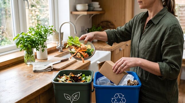 Woman sorting kitchen food waste and recycling into separate bins at home kitchen sink.