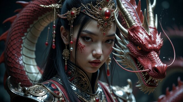 Young warrior girl with dragon features, fierce expression, and mystical armor