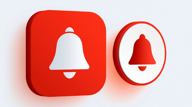 notification alert bell icons displayed in bright red square and circle backgrounds, mobile app reminder concept, incoming message alert, technology, icon, modern, minimal,