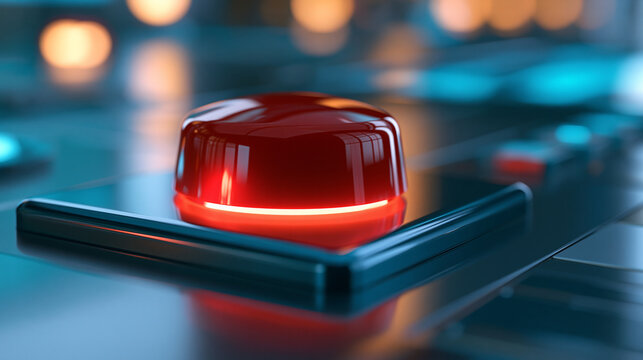 glossy red emergency stop button illuminated on a bright clean background, warning and important decision concept, critical moment, alert signal, technology, control panel,