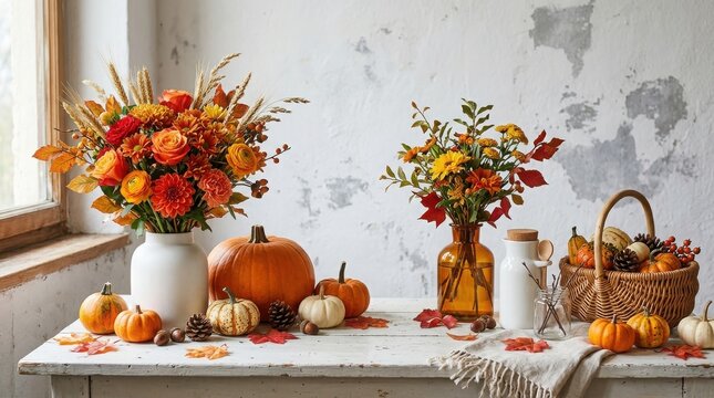 Thanksgiving Day Vibrant autumnal flowers and pumpkins on rustic white wooden table decoration