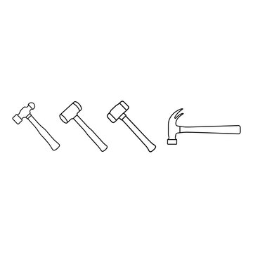 Mallet and Claw Hammer Mini Icon Pack
Mini pack of 4 hammer types outline icons with ball peen hammer, sledgehammer and claw hammer in clean line style for carpentry and construction