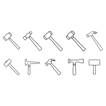 Construction Hammer Set Line Icons
Set of 10 hammer outline icons including sledgehammer, claw hammer, mallet, tack hammer and dead blow hammer for industrial and carpentry design
