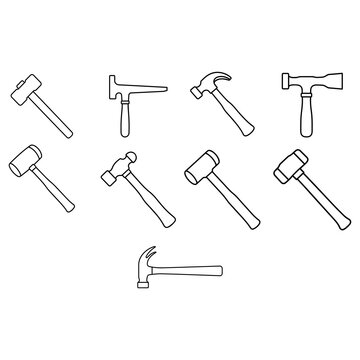 Hammer Types Outline Icon Set Collection
Collection of 9 different hammer outline icons with sledgehammers, claw hammers and mallets in minimalist line style for construction projects