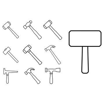 Various Hammers Outline Icon Collection
Set of 11 different hammer types outline icons including sledgehammer, claw hammer, ball peen and mallet in clean line style for construction