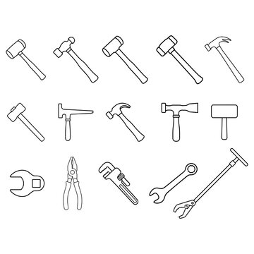 Hammer and Hand Tools Outline Icon Set
Collection of 15 hammer and hand tools line icons including sledgehammers, claw hammer, mallet and various wrenches for construction design