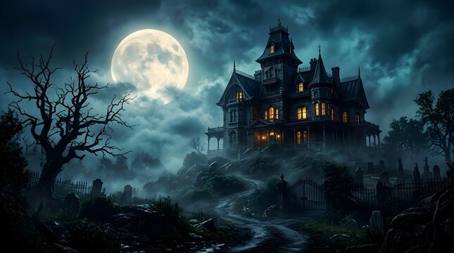 A spooky haunted mansion stands on a dark hill under a glowing full moon wishing everyone a happy halloween night