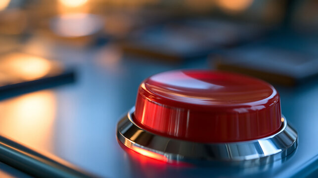 close-up of a large red emergency push button on a bright evenly lit console, safety concept, technology, control panel, modern, clean, functional, industrial design, minimal,