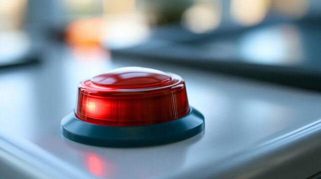 close-up of a large red emergency push button on a bright evenly lit console, safety concept, technology, control panel, modern, clean, functional, industrial design, minimal,