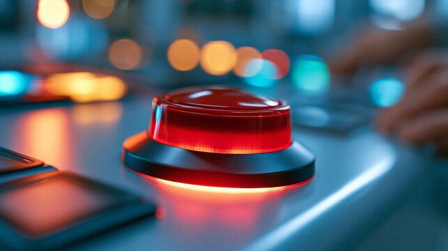 close-up of a large red emergency push button on a bright evenly lit console, safety concept, technology, control panel, modern, clean, functional, industrial design, minimal,