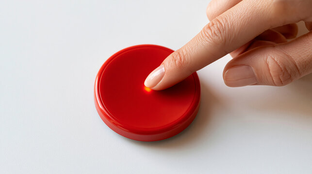 top view of a hand pressing a large red button on a bright white background, critical decision and urgent action concept, technology, control panel, alert system, industrial
