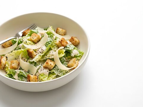 A bowl of tasty caesar variations with crisp romaine lettuce, crunchy croutons, and parmesan cheese