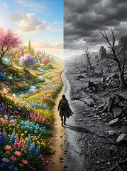 Obraz premium A person walks along a path that divides a vibrant colorful landscape from a desolate grayscale environment