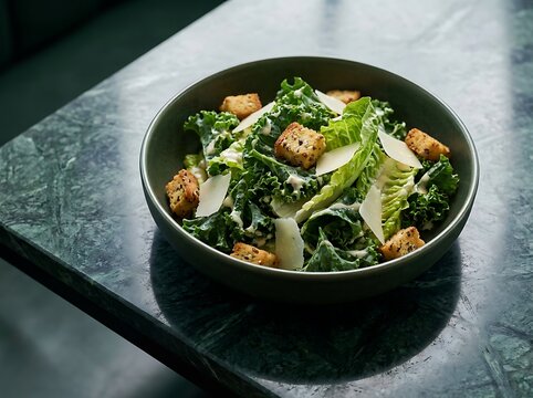 A gourmet bowl featuring tasty caesar variations with crispy croutons and fresh greens on a marble table.