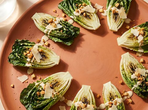 A gourmet platter featuring tasty caesar variations with grilled romaine lettuce and parmesan cheese.