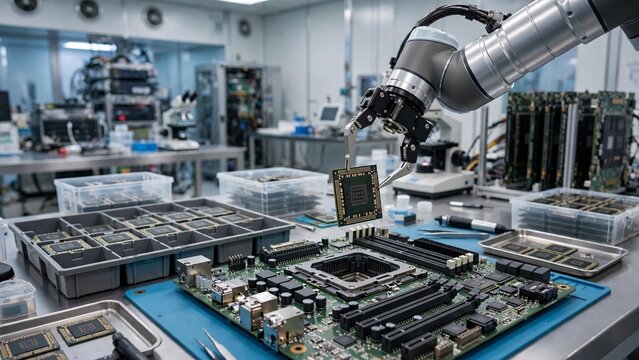 Final testing binning AI processor CPU robotic arm, Data center server board AI processor test socket, Robotic arm performance binning AI processor test