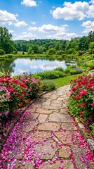 Obraz premium A rustic stone path covered in fallen rose petals leading to a calm pond in a summer garden with landscape blooming romantic botanical peaceful colorful
