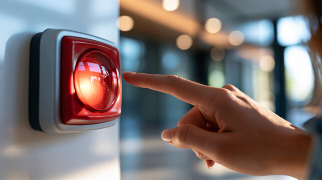 finger reaching out to press a red fire alarm button mounted on a bright wall, evacuation and building safety concept, emergency preparedness, alert system, technology, warning,