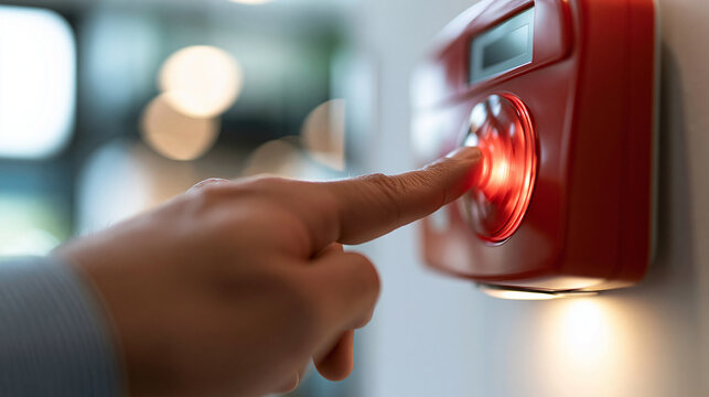 close-up of a hand pressing a red fire alarm button in bright even lighting, safety measures and emergency preparedness concept, technology, building protection, alert system,