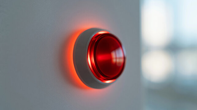 glowing red fire alert emergency push button on a bright clean background, industrial crisis management and hazard response concept, technology, safety equipment, modern,