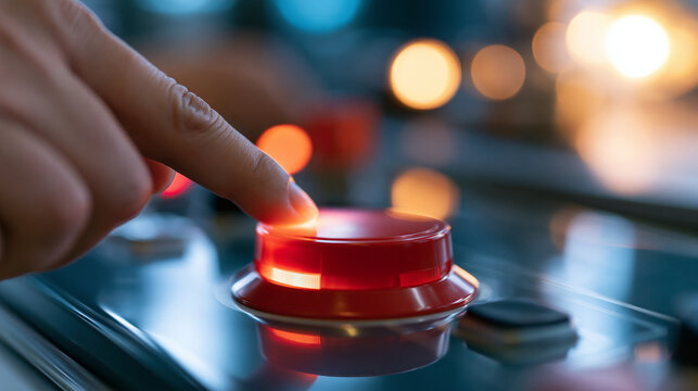 close-up of a finger pressing a large red emergency stop button on a bright industrial control panel, safety concept, technology, equipment, modern, clean, functional, industrial