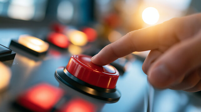 close-up of a finger pressing a large red emergency stop button on a bright industrial control panel, safety concept, technology, equipment, modern, clean, functional, industrial