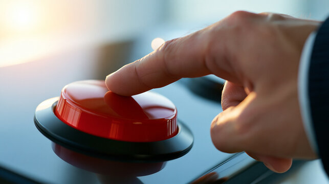 close-up of a man's finger in a suit sleeve pressing a large red button on a bright clean background, business decision concept, technology, control panel, modern, functional,