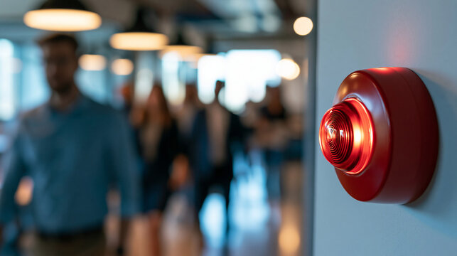red fire alarm button mounted on a bright wall with employees evacuating an office in the blurred background, safety and evacuation concept, technology, workplace, alert system,