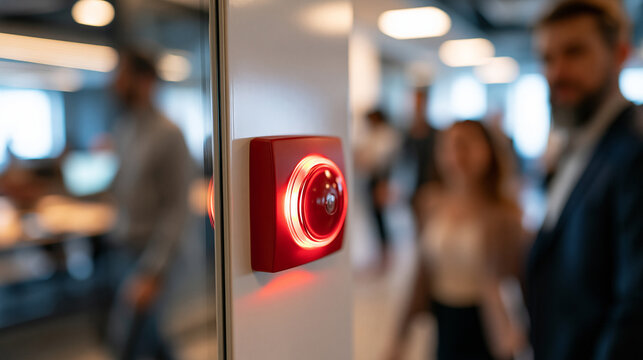 red fire alarm button mounted on a bright wall with employees evacuating an office in the blurred background, safety and evacuation concept, technology, workplace, alert system,