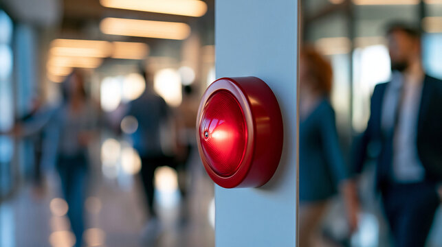 red fire alarm button mounted on a bright wall with employees evacuating an office in the blurred background, safety and evacuation concept, technology, workplace, alert system,