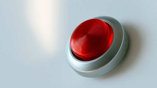 red panic button displayed on a bright clean background, emergency assistance and aid concept, safety support, technology, control panel, modern, functional, minimal, industrial
