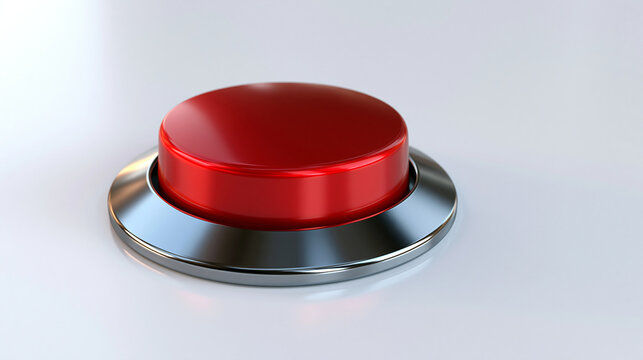 red push button with a metal ring isolated on a bright white background, emergency alert concept, technology, icon, modern, minimal, functional, industrial design, clean, bright,