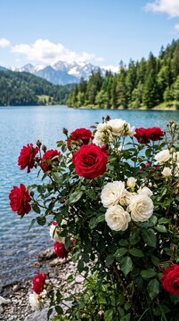 Red and white roses in full bloom overlooking a calm alpine lake with dense forest and distant snow-capped peaks mountains landscape outdoors botanical