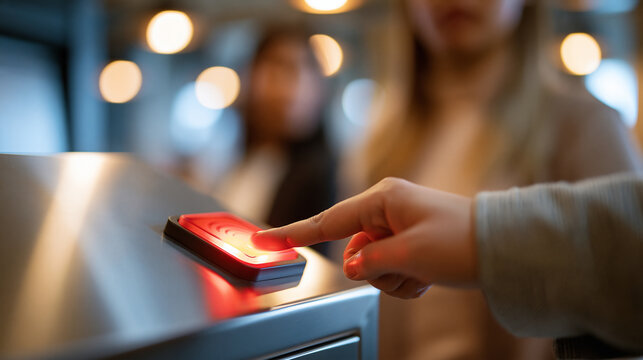 finger pressing a red glowing alarm button on a bright metal panel, emergency security alert concept, technology, professional design, control panel, modern, clean, functional,