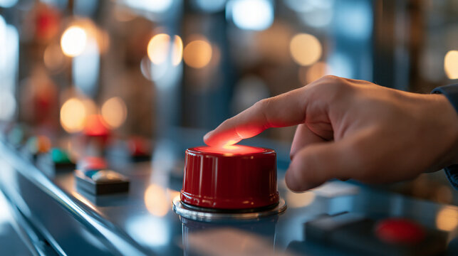 human hand pressing a large red emergency start button on a bright industrial control panel, urgent action execution concept, technology, factory, equipment, modern, clean, alert,