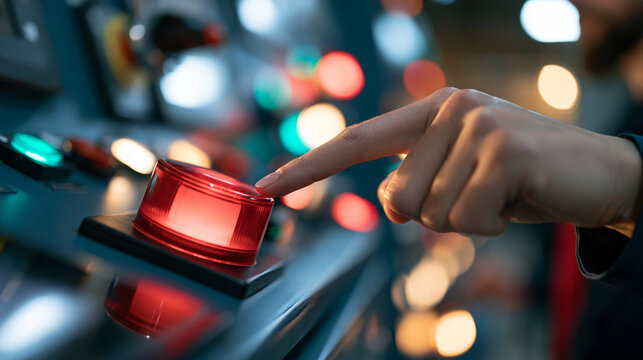human hand pressing a large red emergency start button on a bright industrial control panel, urgent action execution concept, technology, factory, equipment, modern, clean, alert,
