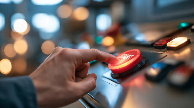 human hand pressing a large red emergency start button on a bright industrial control panel, urgent action execution concept, technology, factory, equipment, modern, clean, alert,